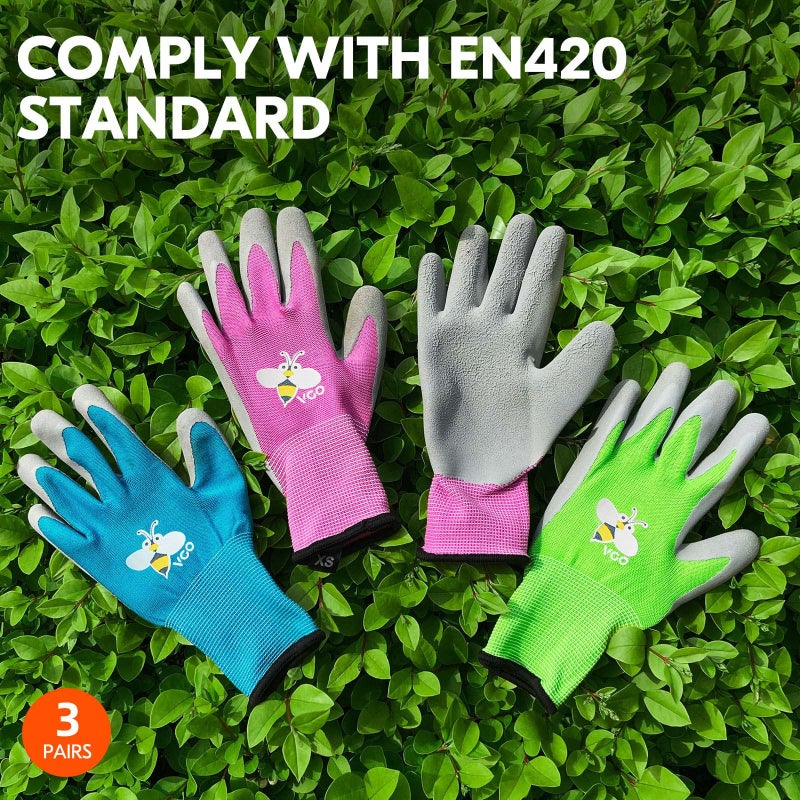 Vgo... 3-Pairs Age 7-9 Kids Gardening Gloves, Children Yard Work Gloves, Soft Safety Rubber Gloves (XS, KID-RB6013) - Image 2